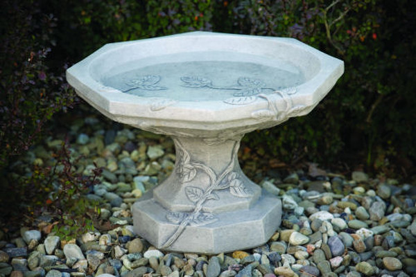 Short Vine Cement Birdbath Reminiscent Victorian Ivy Design Outdoors